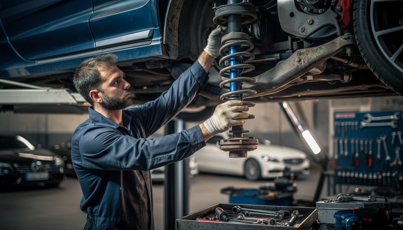 Amortecedor e components da suspensão do carro no elevador